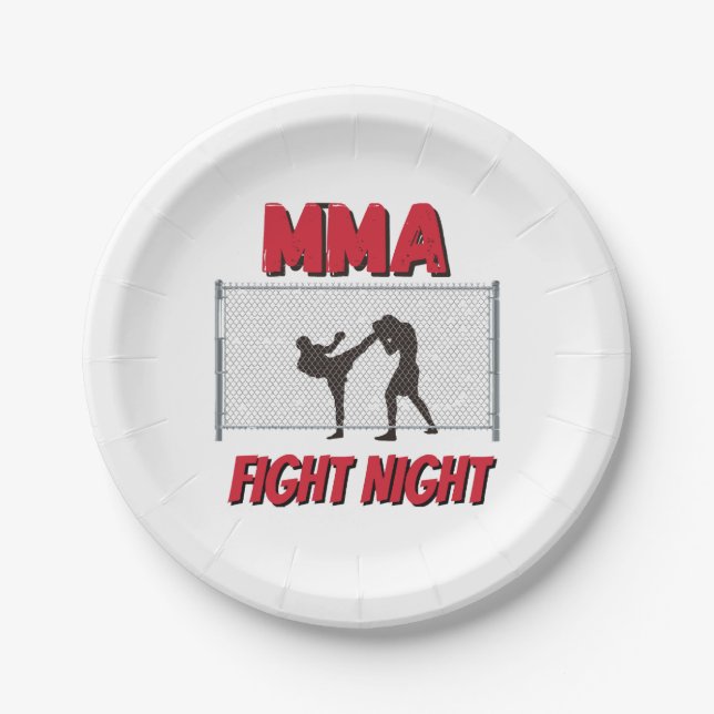MMA Fight Night text and Silhouette of Two Fighter Paper Plate (Front)