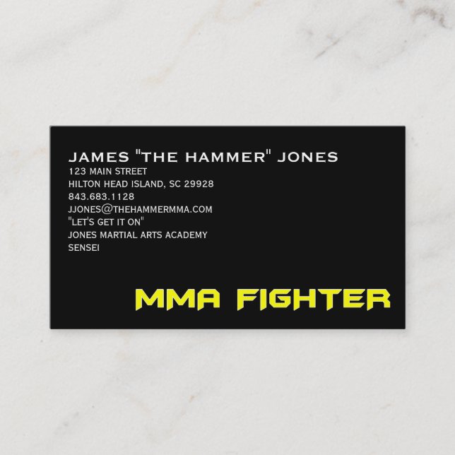 MMA FIGHTER BUSINESS CARD YELLOW ON BLACK (Front)