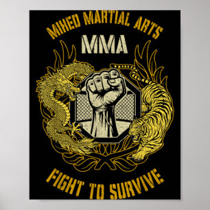 MMA Mixed Martial Arts Cage Dragon Fist Tiger BJJ Poster