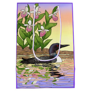 MN State Bird Flower Loon Lady Slipper Medium Gift Bag