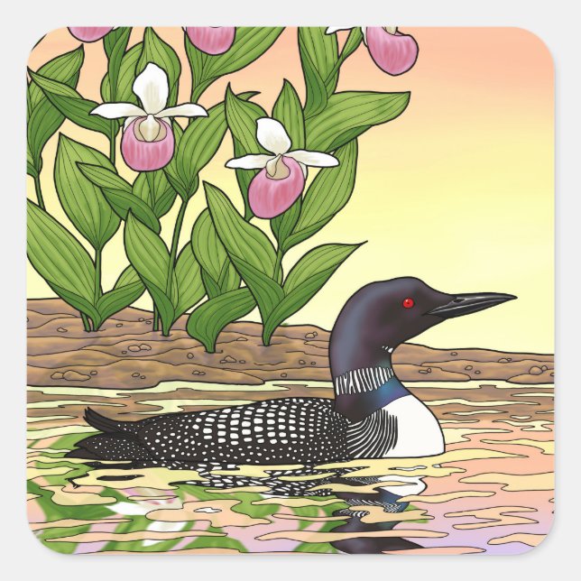 MN State Bird Flower Loon Lady Slipper Square Sticker (Front)
