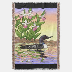 MN State Bird Flower Loon Lady Slipper Throw Blanket
