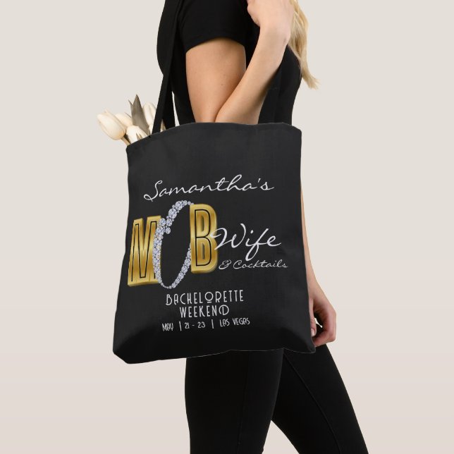 Mob Wife & Cocktails Black Bach Bachelorette Party Tote Bag (Close Up)