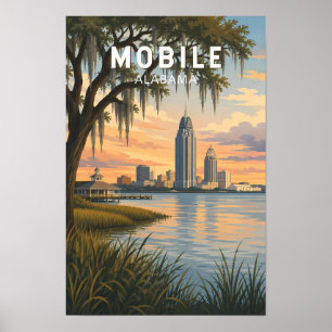 Mobile Alabama Illustration Travel Art Vintage Poster