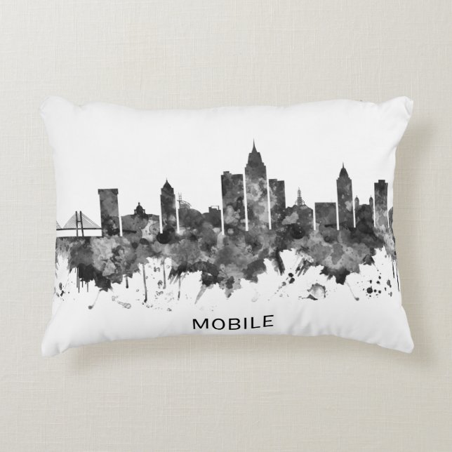 Mobile Alabama Skyline BW Decorative Cushion (Front)