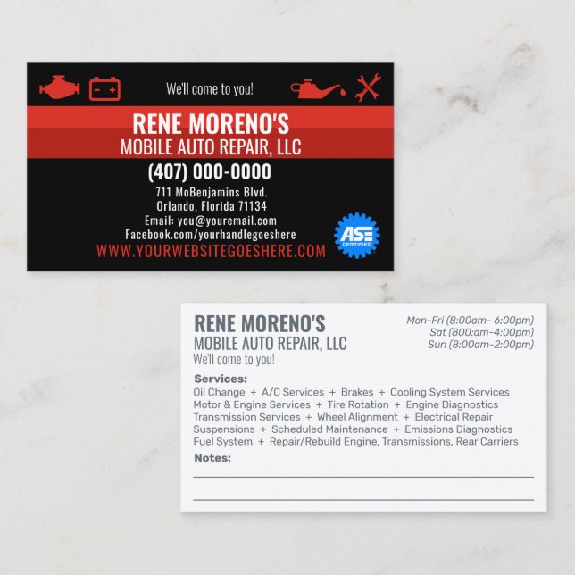Mobile Automobile Car Repair Mechanic 2 Sided Busi Business Card (Front/Back)