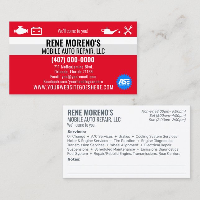 Mobile Automobile Car Repair Mechanic 2 Sided Busi Business Card (Front/Back)
