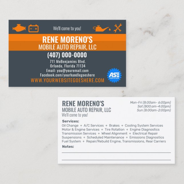 Mobile Automobile Car Repair Mechanic 2 Sided Busi Business Card (Front/Back)
