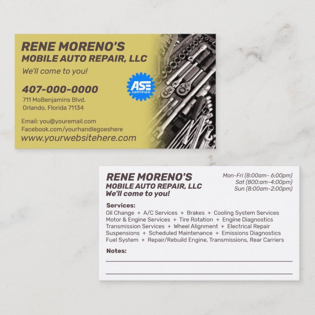 Mobile Automobile Car Repair Mechanic 2 Sided Busi Business Card (Front/Back)