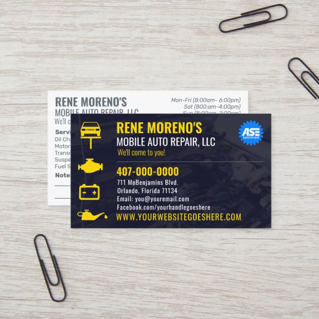 Mobile Automobile Car Repair Mechanic 2 Sided Busi Business Card (Front/Back In Situ)
