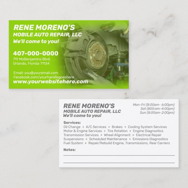 Mobile Automobile Car Repair Mechanic 2 Sided Business Card (Front/Back)