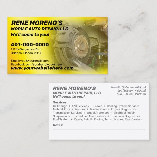 Mobile Automobile Car Repair Mechanic 2 Sided Business Card (Front/Back)