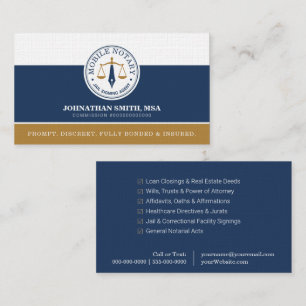 Mobile Custom Legal Signing Agent Linen Navy Gold Business Card