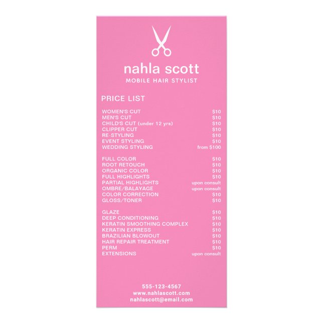 Mobile Hair Stylist Scissors Dark Pink Price List Rack Card (Front)