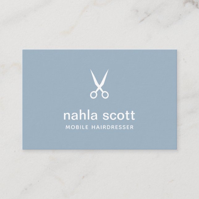 Mobile Hairdresser Dusty Blue Scissors UK/Euro Business Card (Front)
