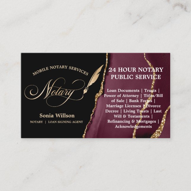 Mobile Notary and Loan Signing Agent Feather Pen Business Card (Front)