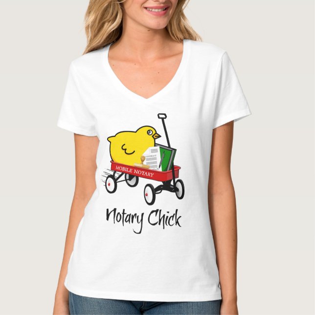Mobile Notary Chick Riding Little Red Wagon T-Shirt (Front)