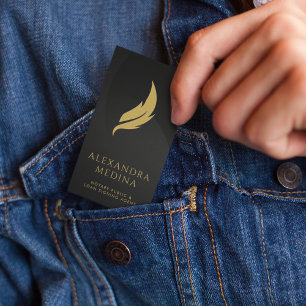 Mobile Notary Feather Quill Logo Black & Gold Business Card