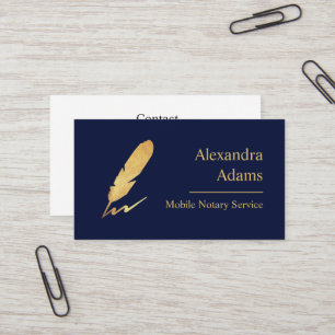 Mobile Notary Gold Feather Logo Indigo Business Card