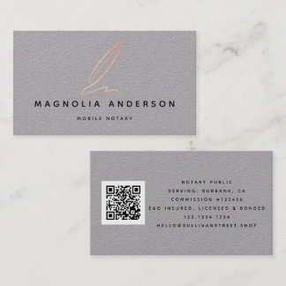 Mobile Notary Grey Gold Foil Quill QR Code  Business Card