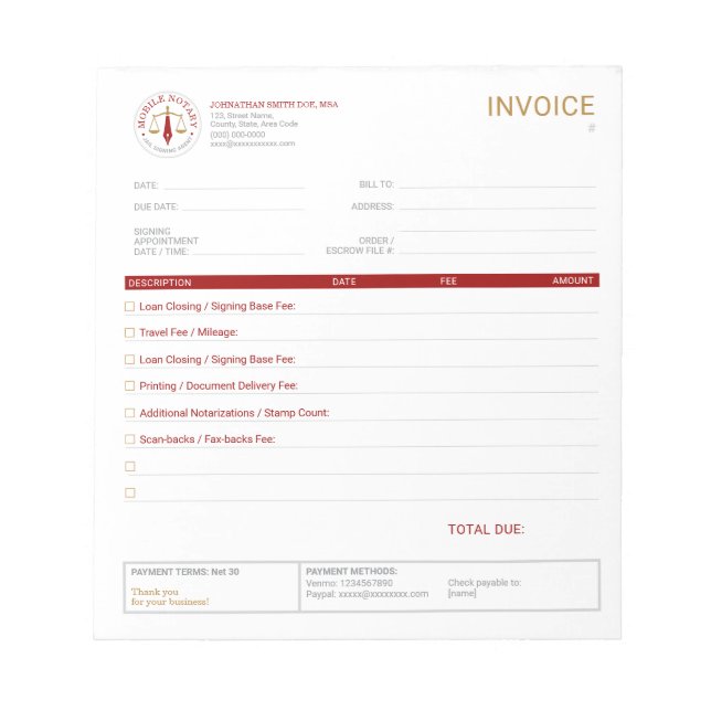 Mobile Notary Invoice Template Checklist Red Notepad (Front)