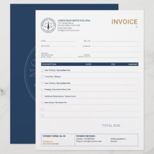 Mobile Notary Legal Signing Invoice Navy Gold Custom Letterhead