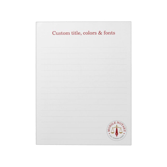 Mobile Notary Legal Signing Red Gold Lined Notepad (Rotated)