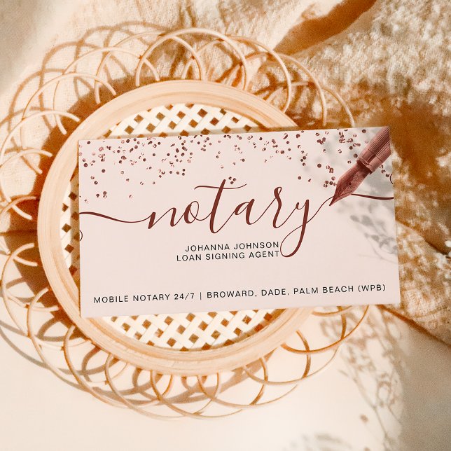 Mobile Notary loan rose gold confetti typography Business Card (Creator Uploaded)