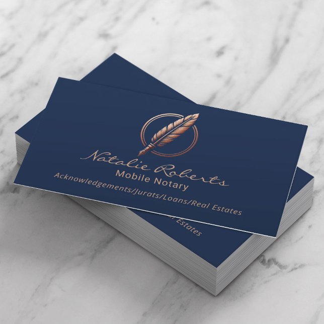Mobile Notary Loan Signing Agent Copper Quill Navy Business Card (Creator Uploaded)