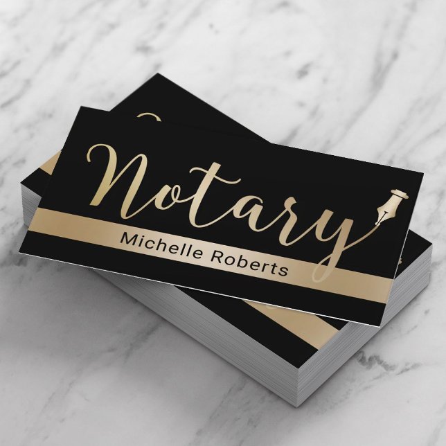 Mobile Notary Loan Signing Agent Gold Stripe Black Business Card (Creator Uploaded)