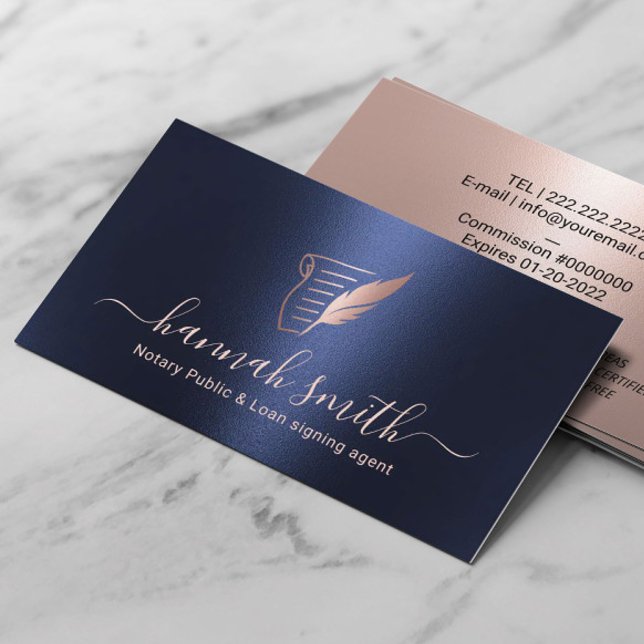 Mobile Notary Loan Signing Agent Navy & Rose Gold Business Card (Creator Uploaded)