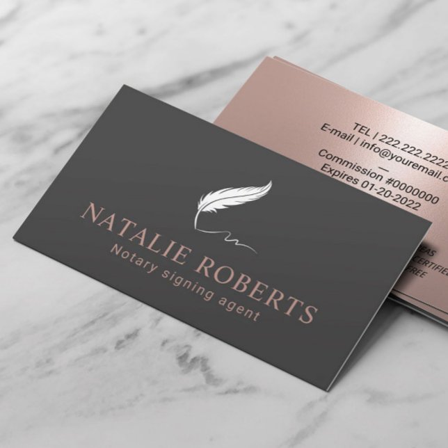 Mobile Notary Loan Signing Agent Quill Logo Grey Business Card (Creator Uploaded)