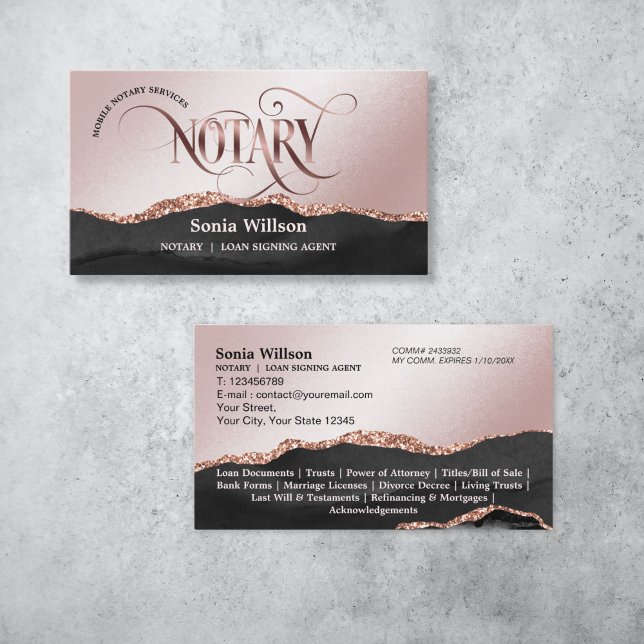 Mobile Notary & Loan Signing Agent Rose Gold Business Card (modern rose gold typography Notary logo)