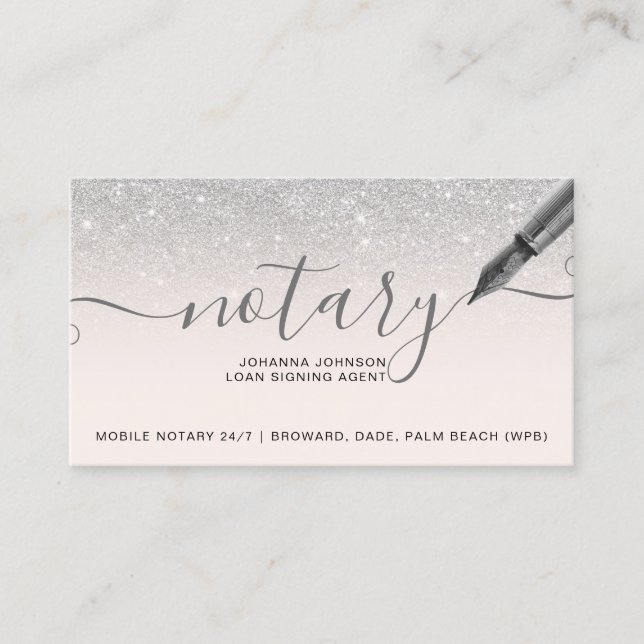 Mobile Notary loan silver glitter typography Business Card (Front)