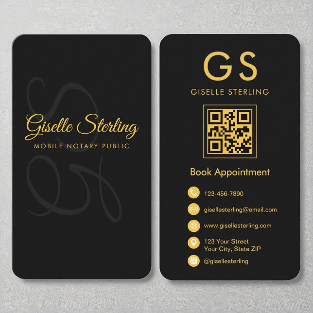 Mobile Notary Monogram Black Gold QR Code Business Card (Creator Uploaded)