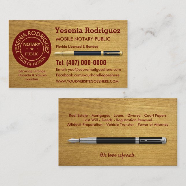 Mobile Notary Public Business Card (Front/Back)