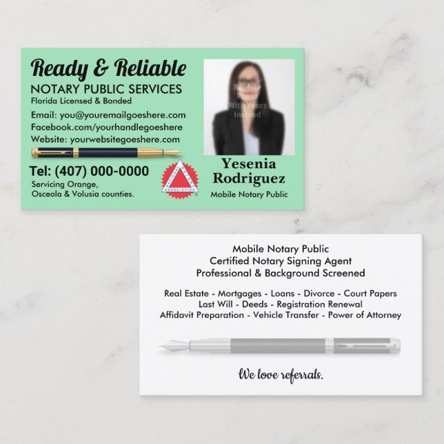 Mobile Notary Public Customisable Photo Business C Business Card (Front/Back)