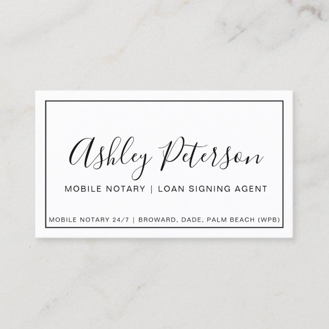 Mobile Notary public frame typography minimalist Business Card (Front)