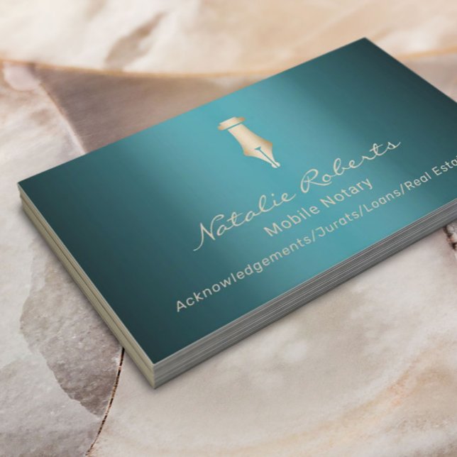 Mobile Notary Public Golden Signing Pen Teal Business Card (Creator Uploaded)