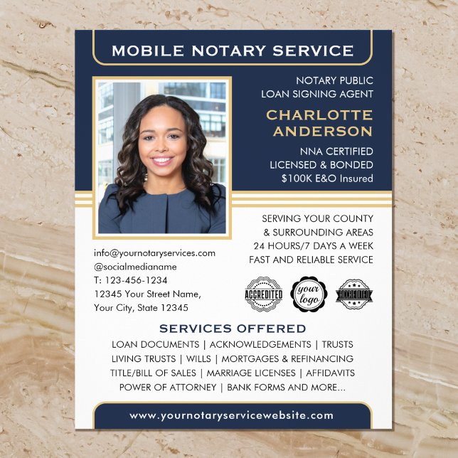 Mobile Notary Public Loan Signing Agent Blue Gold Flyer (Creator Uploaded)