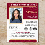 Mobile Notary Public Loan Signing Agent Burgundy Flyer<br><div class="desc">Create a professional appearance with these classic 'Mobile Notary Service' business flyers. A stylish template personalised with your photo, name, details and logo or accreditation symbols. All the text and images can be customised or deleted so you can include the information you want. An effective way to promote your business...</div>