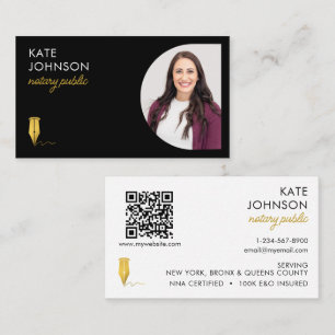 Mobile Notary Public Photo QR Code Gold Logo Business Card