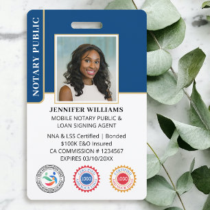 Mobile Notary Public Photo QR Code ID Blue Badge