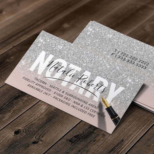 Mobile Notary Public Rose Gold Silver Glitter Business Card (Creator Uploaded)
