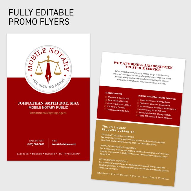 Mobile Notary Public Signing Agent red gold Flyer (Fully Editable Mobile Notary Public Signing Agent Legal Promotional Flyer.)