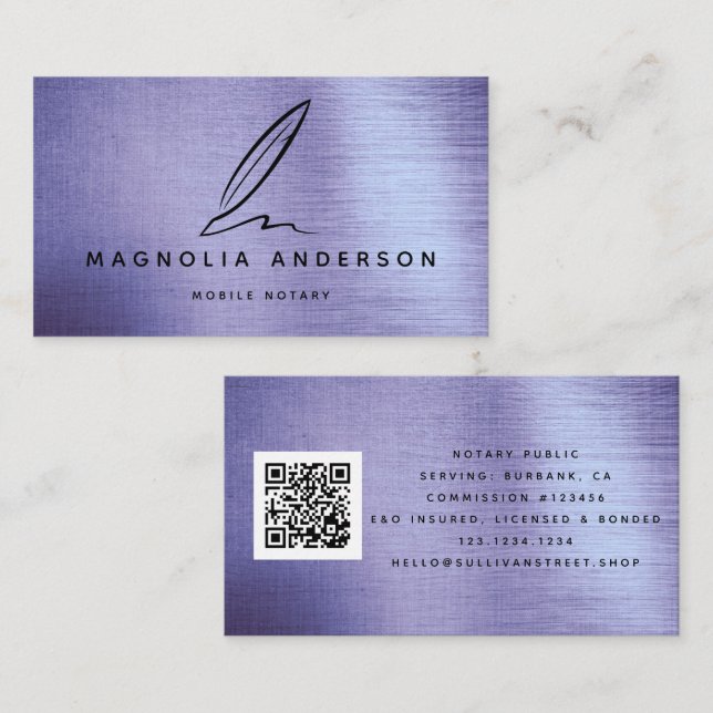 Mobile Notary Purple Foil Quill QR Code  Business Card (Front/Back)