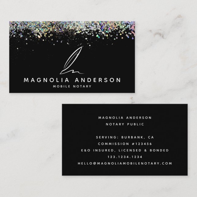 Mobile Notary Quill Black Glitter  Business Card (Front/Back)