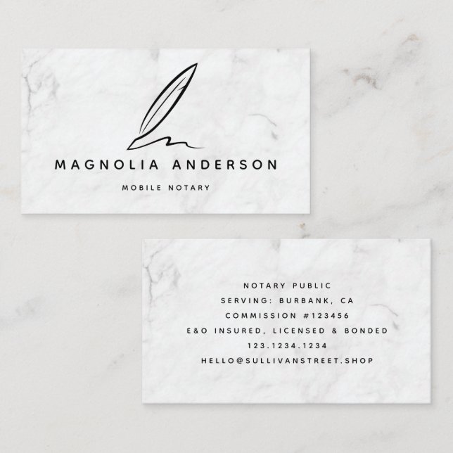 Mobile Notary Quill Marble Business Card (Front/Back)