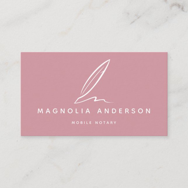 Mobile Notary Quill | Pink White Business Card (Front)