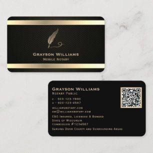 Mobile Notary Quill QR Code Gold Black Business Card